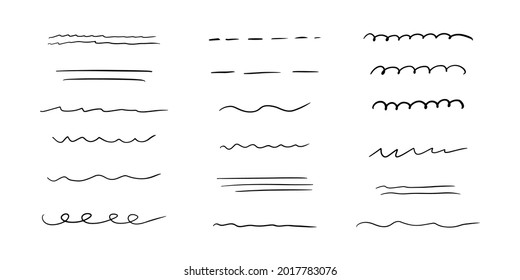 Hand drawn underline, emphasis, lines set. Brush strokes. Handmade scribble underline. Vector illustration on white background in doodle style.