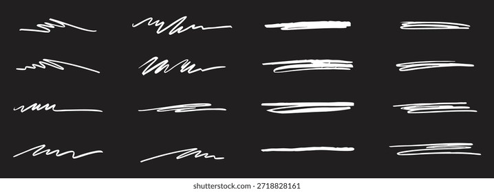 Os traçados de sublinhado desenhados à mão criam um conjunto moderno de realces de pincel. Linhas de tinta mínimas adicionam ênfase e movimento aos layouts de texto. Perfeito para títulos notas tipografia acentos e design gráfico.