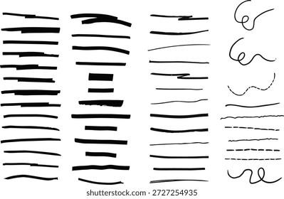 Handgezeichnete Unterstreichungen und Trennlinien in schwarzer Tinte. Skizzenhafte Marker- und Stiftlinien mit geraden, gekrümmten und gestrichelten Stilen einzeln auf weißem Hintergrund, ideal für Highlights, Titel, Infografiken, Präsentationen, UI-Design und kreative Layouts.
