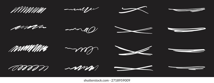 Traçados de sublinhado desenhados à mão e linhas de rabisco definidas em plano de fundo escuro. Destaques de marcador, caneta e pincel abstratos para ênfase, notas, destaques de interface do usuário e design gráfico.