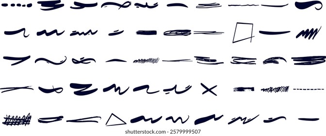 Hand drawn underline strokes. Sketch brush scribbles, ink marker squiggle lines, freehand pen stroke. Doodle painted curves, various pencil shapes and elements. Vector se