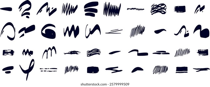 Hand drawn underline strokes. Sketch brush scribbles, ink marker squiggle lines, freehand pen stroke. Doodle painted curves, various pencil shapes and elements. Vector se