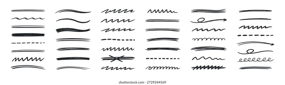 Handgezeichnete Unterstreichungen und wellenförmige Markierungslinien, Marker und Pinsel doodle Vektorelementesammlung einzeln auf transparentem Hintergrund