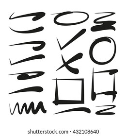 hand drawn underlines, circle highlighter and check marks