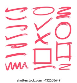 hand drawn underlines, circle highlighter and check marks