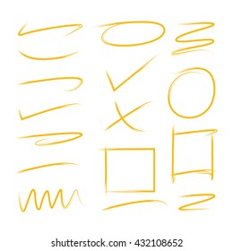hand drawn underlines, circle highlighter and check marks