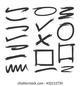 hand drawn underlines, circle highlighter and check marks