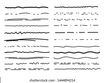 Hand drawn underlines. Drawing brush lines, pencil textured strokes. Scribble doodle borders. Handmade underline vector isolated set. Underline paint drawing, pen stripe drawn illustration