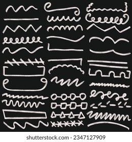 Hand drawn underlines isolated on black background,drawn with chalk brush.