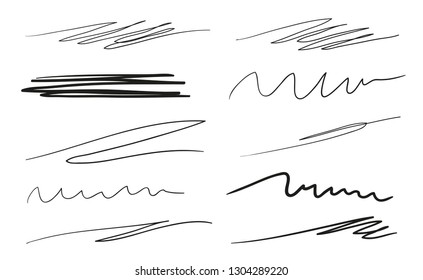 Hand drawn underlines on white. Abstract backgrounds with array of lines. Stroke chaotic patterns. Black and white illustration. Sketchy elements for posters and flyers