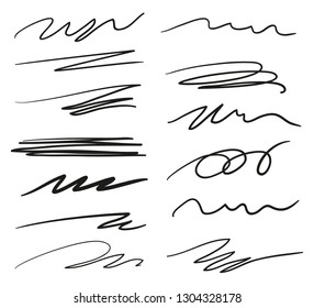 Hand drawn underlines on white. Abstract backgrounds with array of lines. Stroke chaotic patterns. Black and white illustration. Sketchy elements for posters and flyers