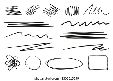 Hand drawn underlines on white. Abstract backgrounds with array of lines. Stroke chaotic shapes. Black and white illustration. Sketchy elements for posters and flyers