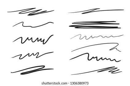 Hand drawn underlines on white. Abstract backgrounds with array of lines. Stroke chaotic patterns. Black and white illustration. Sketchy elements for posters and flyers