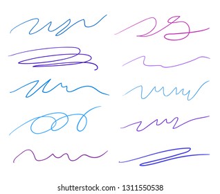 Hand drawn underlines on white. Colored backgrounds with array of lines. Chaotic patterns. Colorful illustration. Sketchy elements