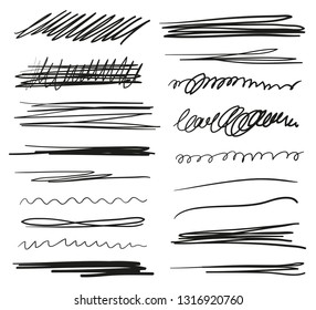 Hand drawn underlines on white. Abstract backgrounds with array of lines. Stroke chaotic patterns. Black and white illustration. Sketchy elements for posters and flyers