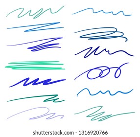 Hand drawn underlines on white. Multicolored backgrounds with array of lines. Stroke chaotic patterns. Colorful illustration. Elements for posters and flyers