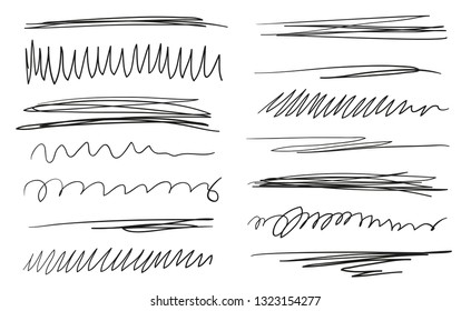 Hand drawn underlines on white. Abstract backgrounds with array of lines. Stroke chaotic patterns. Black and white illustration. Sketchy elements