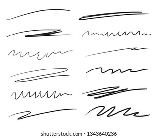 Hand drawn underlines on white. Abstract backgrounds with array of lines. Stroke chaotic patterns. Black and white illustration. Sketchy elements for design