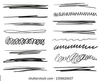 Hand drawn underlines on white. Abstract backgrounds with array of lines. Stroke chaotic patterns. Black and white illustration. Sketchy elements