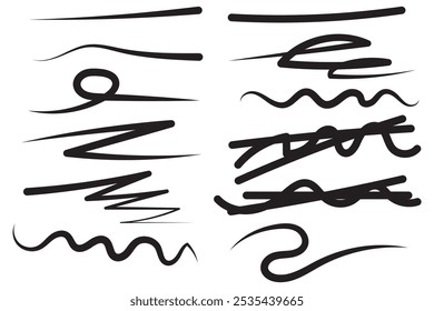 Hand drawn underlines on white. Abstract backgrounds with array of lines. Stroke chaotic patterns. Black and white illustration. Sketchy elements