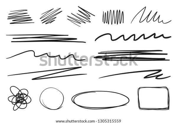 Hand drawn underlines on\
white. Abstract backgrounds with array of lines. Stroke chaotic\
shapes. Black and white illustration. Sketchy elements for posters\
and flyers