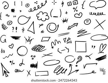 Hand drawn underlines, speech bubbles, arrows, strokes. Sketch emphasis by pen, pencil or marker Vector design elements set.