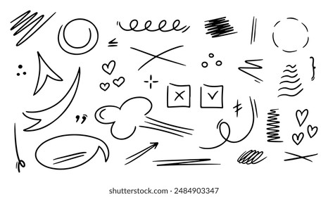 Hand drawn underlines, speech bubbles, arrows, strokes. Sketch emphasis by pen, pencil or marker Vector design elements set.