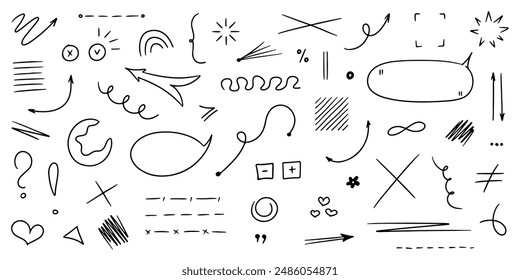 Hand drawn underlines, speech bubbles, arrows, strokes, hearts, spirals. Sketch emphasis by pen, pencil or marker Vector design elements set.