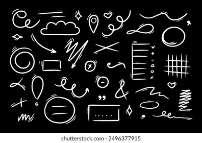Hand drawn underlines, speech bubbles, arrows, strokes, hearts, spiral. Sketch emphasis by pen, pencil or marker Vector design elements set.
