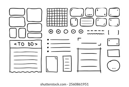 Hand drawn underlines, speech bubbles, shapes, frames, arrows, strokes, check marks, spiral. Text box. Bullet journal elements. Sketch emphasis by pen, pencil or marker. Vector design elements set.