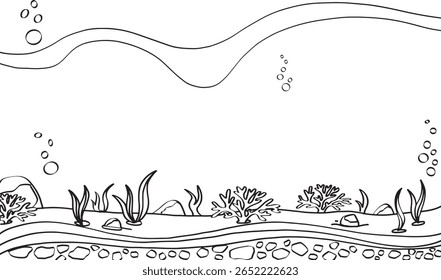 Fundo submarino desenhado à mão. Desenho em linha preta e branca de recife de coral com algas marinhas. Ilustração do esboço da praia subaquática