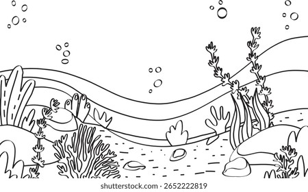 Fundo submarino desenhado à mão. Desenho em linha preta e branca de recife de coral com algas marinhas. Ilustração do esboço da praia subaquática