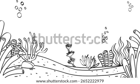 Hand drawn undersea background. Black and white line art drawing of coral reef with seaweed. Outline illustration of underwater beach