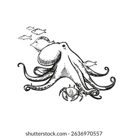 hand drawn underwater animal octopus, various tropical fishes, crab, black and white ink sketch of sea wildlife, engraving textured illustration of undersea animal for marine picture, decoration