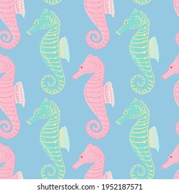 Hand drawn underwater animal seamless pattern with turquoise and pink colored seahorse print. Blue background. Designed for fabric design, textile print, wrapping, cover. Vector illustration.