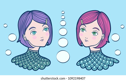 Hand drawn underwater mermaid twin girls with pink and purple hair wearing turquoise scaled shirt. Vector isolated illustration on a blue background.