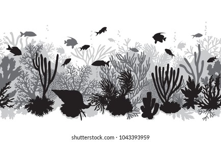 Hand drawn underwater natural elements. Coral reef horizontal seamless pattern.  Monochrome silhouettes of corals, clam and swimming tropical fishes. Black and white undersea bottom texture.