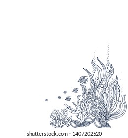 Hand drawn underwater natural elements, vector isolated on white background