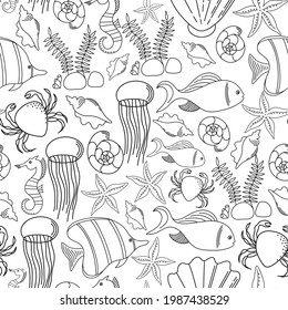 Hand drawn underwater natural elements. Seamless pattern with reef corals. Sea bottom monochrome texture. Vector sketch.
Ocean vector seamless pattern. Coloring book page design for adults and kids