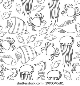 Hand drawn underwater natural elements. Seamless pattern with reef corals. Sea bottom monochrome texture. Vector sketch.
Ocean vector seamless pattern. Coloring book page design for adults and kids