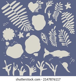 Hand drawn underwater natural elements. Monochrome silhouettes of corals, mollusks and swimming tropical fish on a blue background