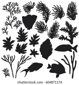 Hand drawn underwater natural elements. Sketch of reef animals. Silhouette set of fishes and corals. 