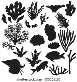 Hand drawn underwater natural elements  Sketch reef animals  Silhouette set fishes   corals  