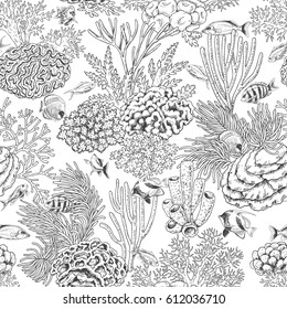 Hand drawn underwater natural elements. Seamless pattern with reef corals and swimming fishes. Sea bottom monochrome texture. Black and white coloring page. Vector sketch.