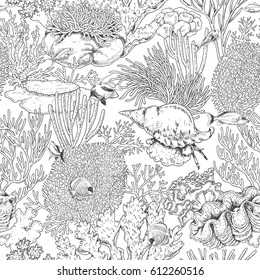 Hand drawn underwater natural elements. Seamless pattern with reef corals, actinia, clams and swimming fishes. Sea bottom monochrome texture. Black and white coloring page. Vector sketch.