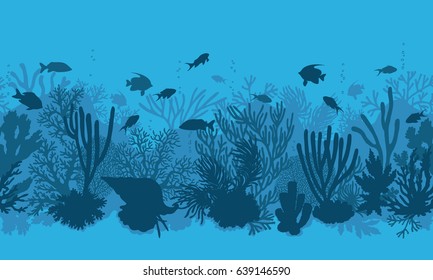 Hand drawn underwater natural elements. Coral reef horizontal seamless pattern.  Blue monochrome silhouettes of corals, clam and swimming tropical fishes. Undersea bottom texture.
