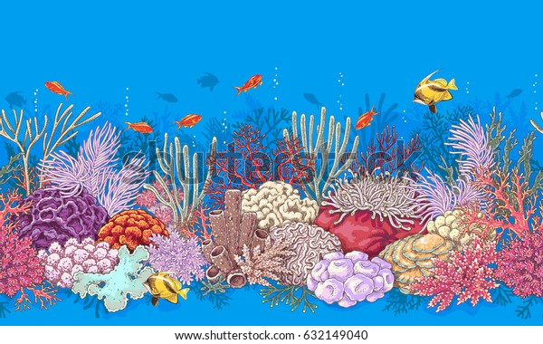 手绘水下自然元素 珊瑚礁的横向边界 由珊瑚和游泳鱼制成的生动无缝图案 海底纹理 库存矢量图 免版税