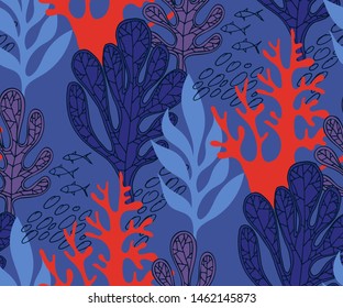 Hand drawn underwater natural ocean elements. Seamless pattern with reef corals. Vector sketch