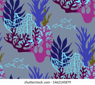 Hand drawn underwater natural ocean elements. Seamless pattern with reef corals. Vector sketch