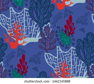 Hand drawn underwater natural ocean elements. Seamless pattern with reef corals. Vector sketch